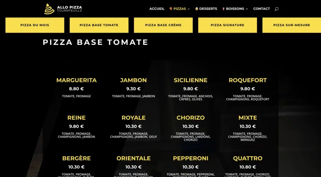 Capture d'écran - Carte des pizzas - Allo Pizza